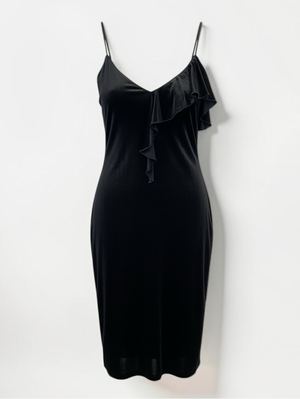 Zara Black Satin Ruffle Spaghetti Strap V-Neck Midi Slip Dress - Size S